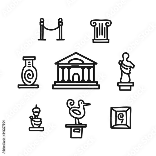 Hand drawn museum icon set. Vector doodles of sculpture, painting, museum building and more isolated on white background.