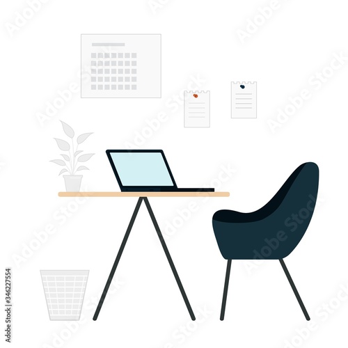The interior of the office. Workplace environment: desktop, chair, laptop, trash can, flower in a pot.
