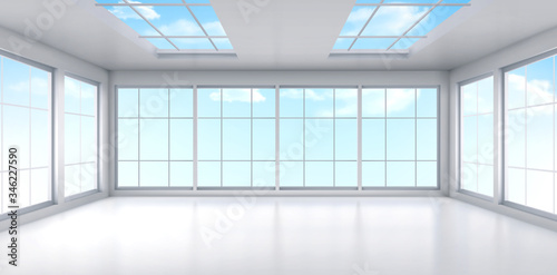 Empty office with large windows on ceiling and floor. Room interior in white colors. Internal structure of modern city architecture, inner design project visualization Realistic 3d vector illustration