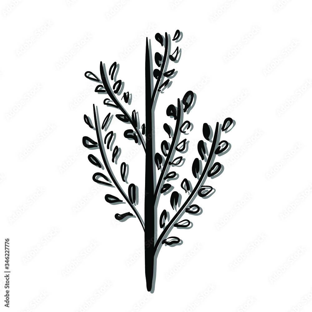 tree branch with leaves. Hand-drawn spring wildflowers. Simple vector sketch icon tree branch with leaves. Hand-drawn spring wildflowers. Simple vector sketch icon