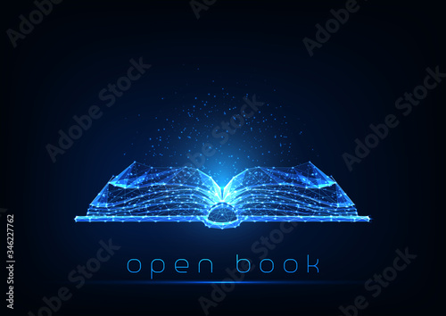 Futuristic glowing low polygonal open book isolated on dark blue background.