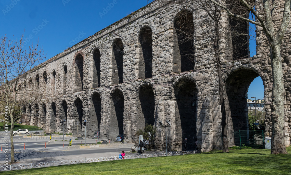 Istanbul, Turkey - probably the most famous and visited Istanbul area, the Golden Horn displays dozens of landmarks. Here in particular the Valens Aqueduct