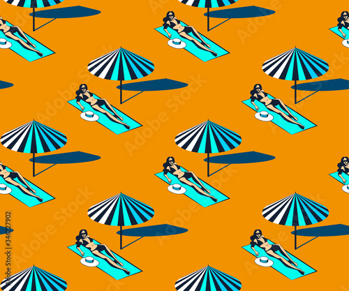 Seamless summer beach pattern. Hello Summer, holiday concept. Pop art. Summer holiday. Vector seamless pattern illustration