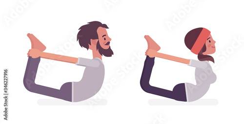 Young yogi man and woman in sports wear practicing yoga, partners doing Dhanurasana pose, Bow exercise, stress-free yogic practice. Vector flat style cartoon illustration