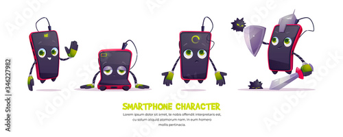 Cute smartphone character in different poses. Vector set of cartoon chat bot, funny mobile phone greeting, sad with low charge, loading application and holding shield from virus content