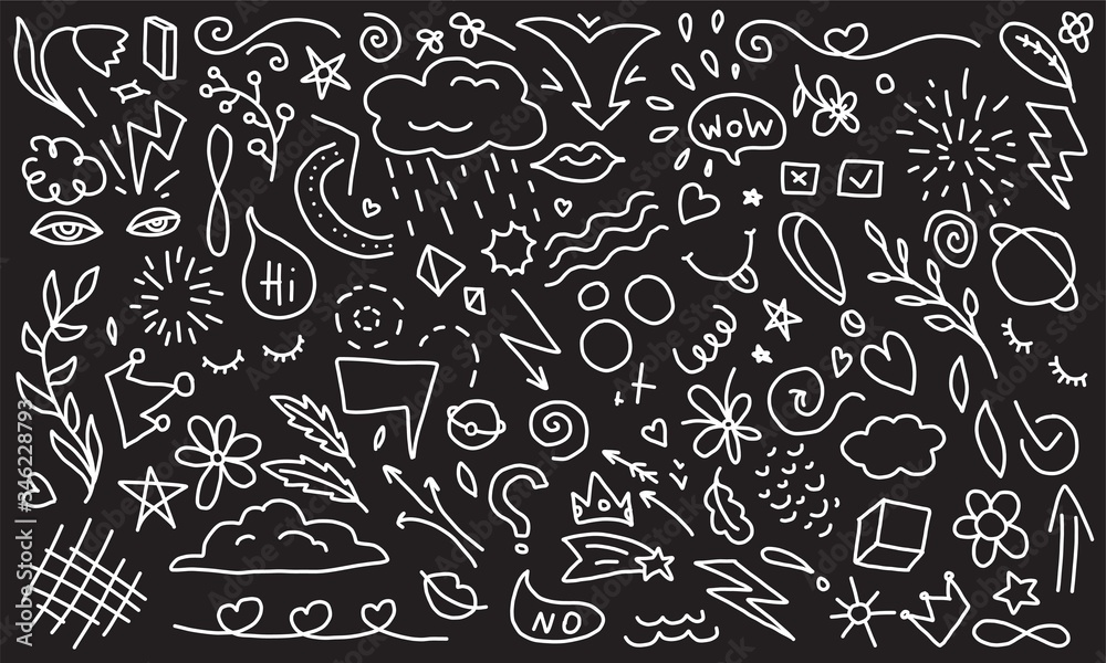 Doodle background with arrow, heart, love, star, leaf, sun, cloud, flower etc. Hand drawn white elements on black background Doodle background with arrow, heart, love, star, leaf, sun, cloud, flower etc. Hand drawn white elements on black background