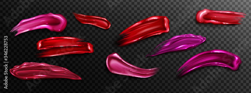 Lipstick swatches, smudges of liquid gloss for makeup palette isolated on transparent background. Vector realistic mockup of bright red, rose and pink smears of female cosmetic