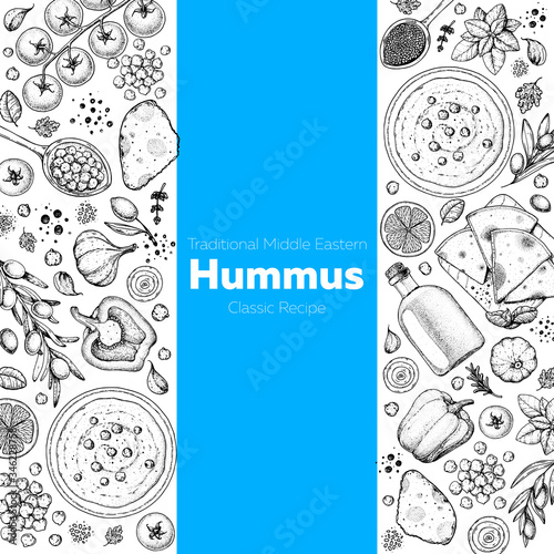 Hummus cooking and ingredients for hummus, sketch illustration. Middle eastern cuisine frame. Healthy food, design elements. Hand drawn, package design. Middle eastern food.
