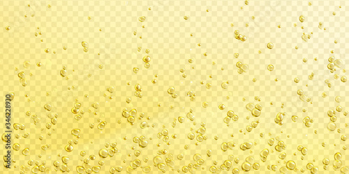 Air bubbles on yellow champagne, soda drink or water surface abstract background. Dynamic fizzy motion, transparent champagne with moving underwater fizzing or moisture drops, realistic 3d vector.