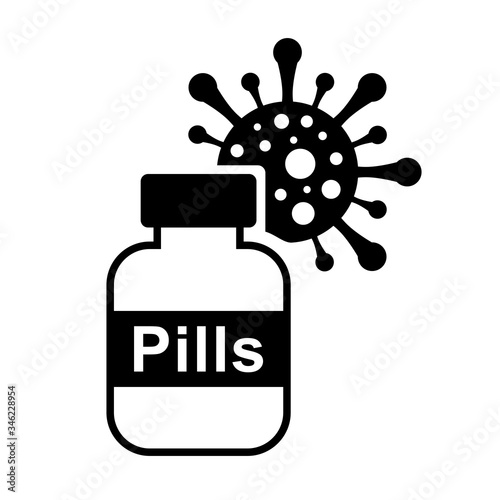 Coronavirus treatment icon isolated on white background. Vector illustration of pills, medicines and virus. Health care and pharmacy business.