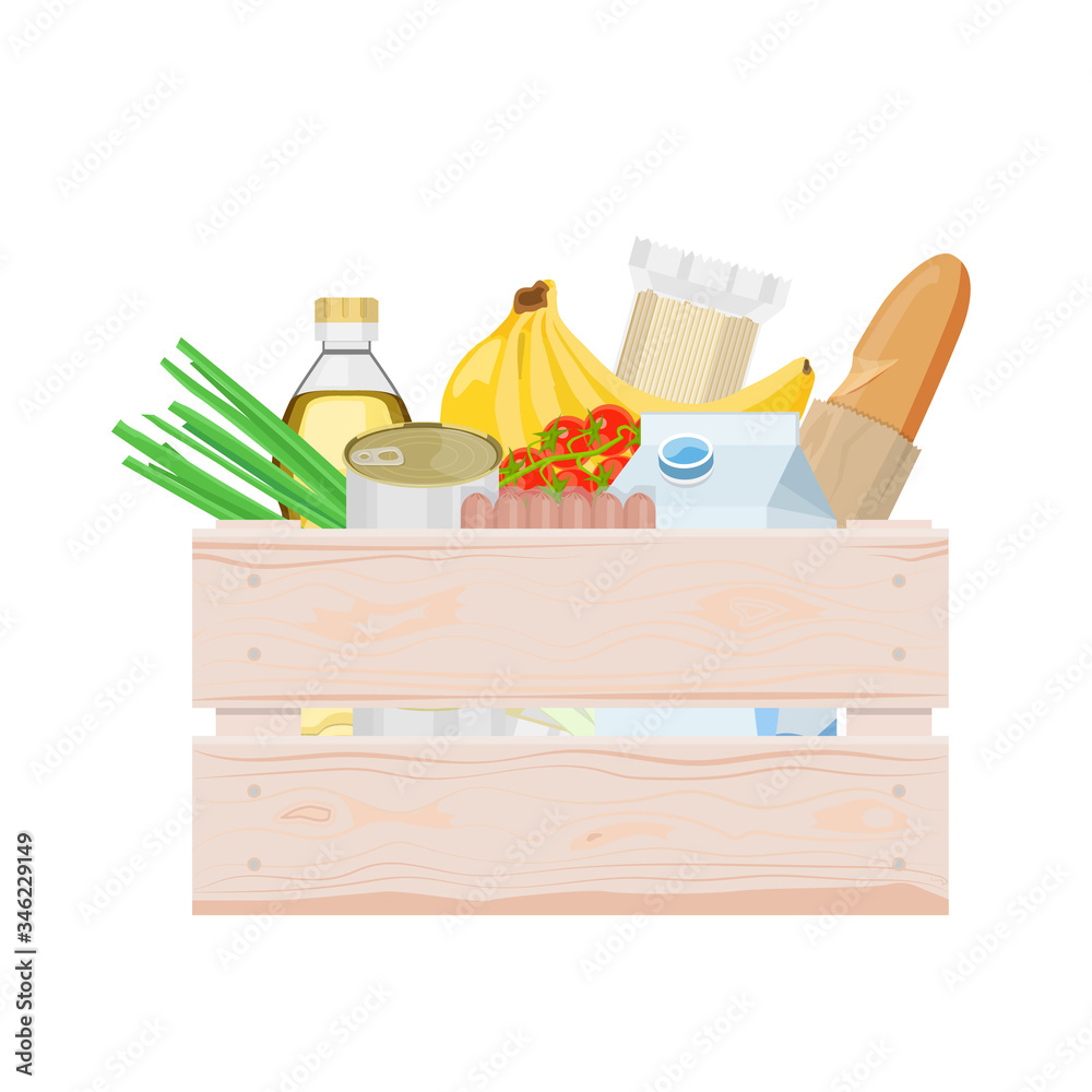 Food in a wooden box. Food delivery, help people during disasters.