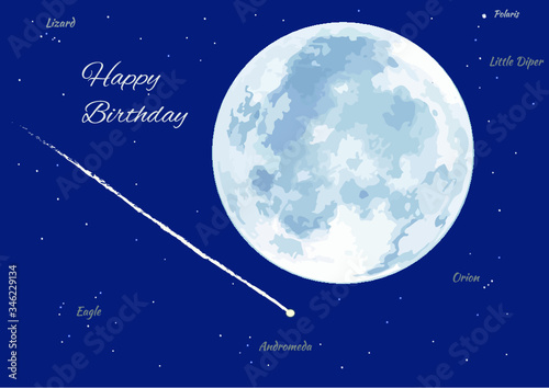 Birthday card with shooting star, moon and constellation. wish something. 