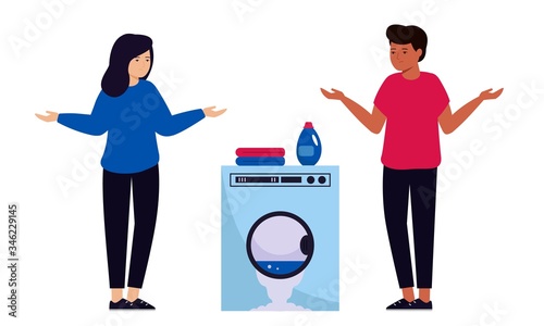 The washing machine has broken and flowed. A man and a woman are standing next to household appliances in confusion.