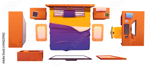 Bedroom interior set top view. Vector cartoon furniture for sleeping room, king size bed, tv, workspace with desk and computer, bookshelf, wardrobe and nightstands isolated on white background