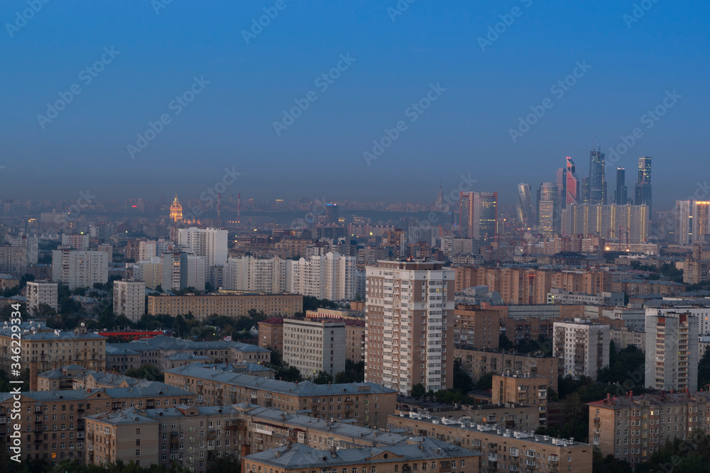 Moscow city landscape panorama at red sunrise
