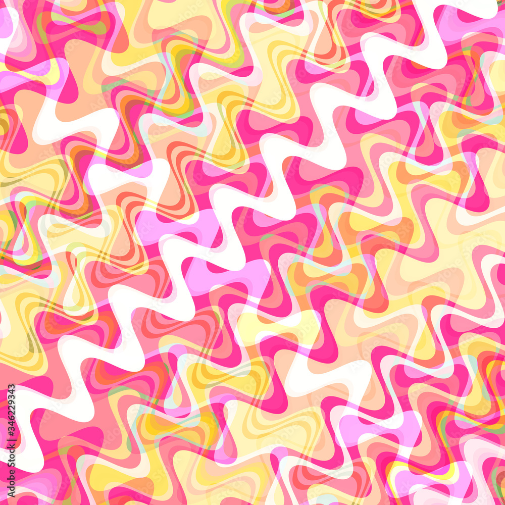 Bright colorful background, diagonal intersection of transparent wavy stripes of arbitrary width. Harmonious combination of white, yellow, pink and bright Persian pink flowers, vector.