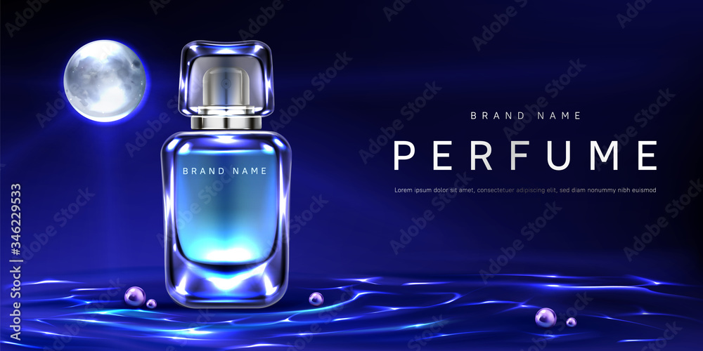 Perfume bottle on night water surface background with full moon and