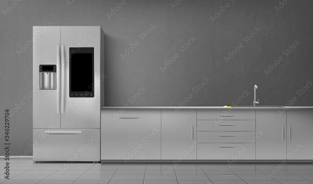 Kitchen interior with smart fridge and sink on tabletop front view