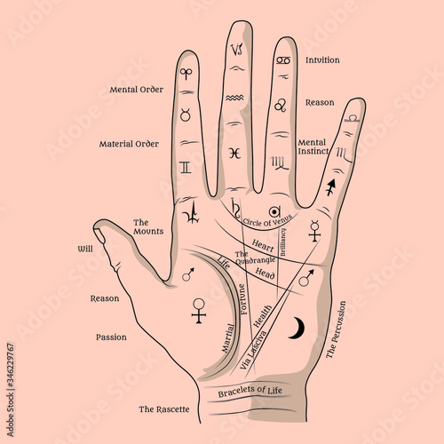 Palmistry and Occult Art Drawing. Open hand lines and symbols mystical reading illustration. 