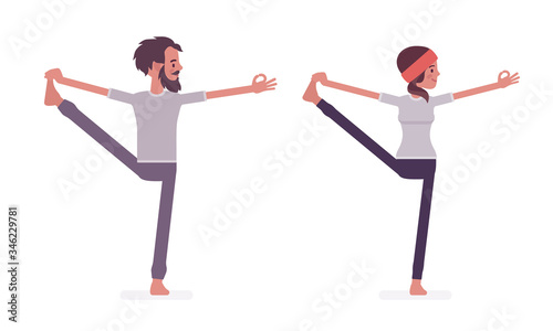 Young yogi man and woman in sports wear practicing yoga, partners doing Utthita Hasta Padangustasana pose, Extended Hand to Big Toe exercise, yogic practice. Vector flat style cartoon illustration