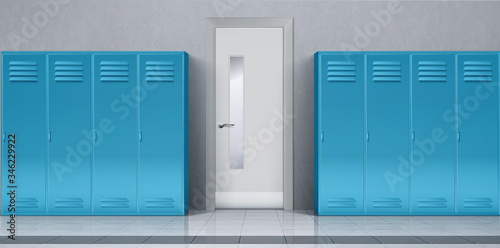 Blue lockers in school corridor and closed door to class room. Vector realistic interior of hallway with individual metal cabinets in sport or fitness club, college, university