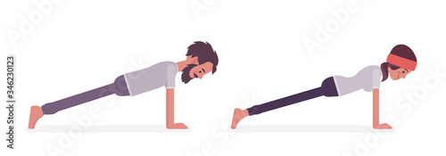 Young yogi man and woman in sports wear practicing yoga, partners doing Plank pose, Push ups or press ups exercise, stress-free yogic practice. Vector flat style cartoon illustration