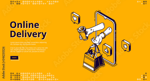 Online delivery banner. Mobile service for order shipping. Vector landing page with isometric smartphone and hands give purchase, bag with products and drink on yellow background