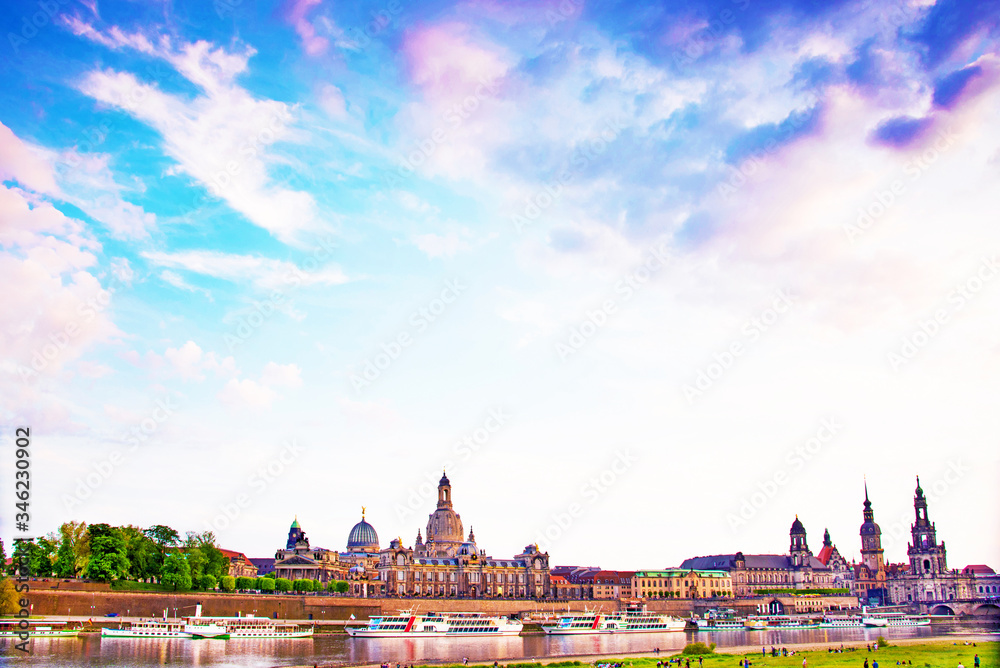 The picturesque view of old Dresden over the river Elbe at dawn. Saxony, Germany, Europe.