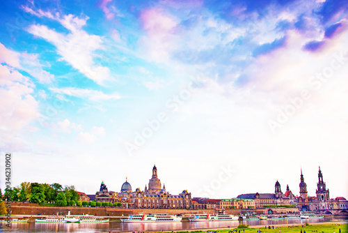 Obraz na płótnie The picturesque view of old Dresden over the river Elbe at dawn. Saxony, Germany, Europe. w salonie