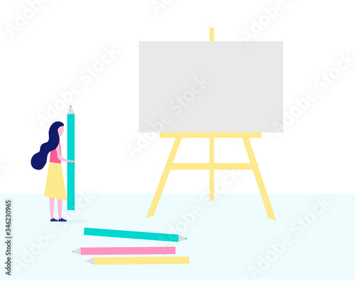 Woman draws a picture with pencils on canvas and easel. Concept of hobbies, creativity, art, drawing lessons. trainings. Vector flat style illustration.