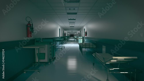 Hospital corridor, camera moving forward, looping 3D animation
