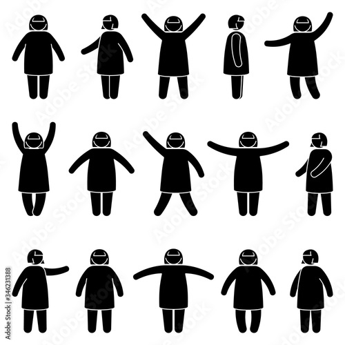 Fat stick figure woman standing front, side view in different poses vector icon illustration set. Obese female hands up, waving, pointing, showing silhouette pictogram on white