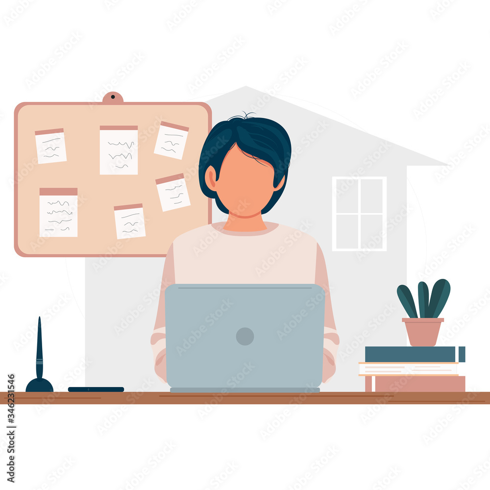 Working at home concept design. Freelance woman sitting behind work table using laptop. Flat cartoon vector illustration on white. E-learning, online study, education concept ets. Stay at home. Working at home concept design. Freelance woman sitting behind work table using laptop. Flat cartoon vector illustration on white. E-learning, online study, education concept ets. Stay at home.