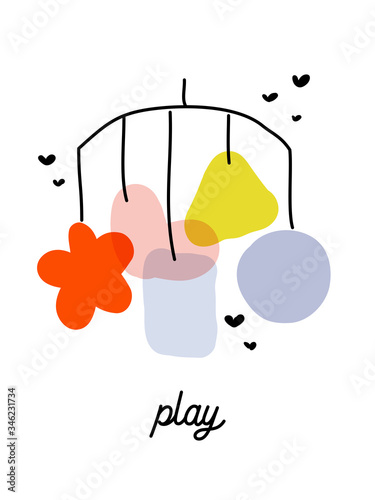 Creative vector illustration of newborn baby mobile or bed bell toy with hanging pastel decor. Playful design for cute greeting card or pretty poster. Editable stroke