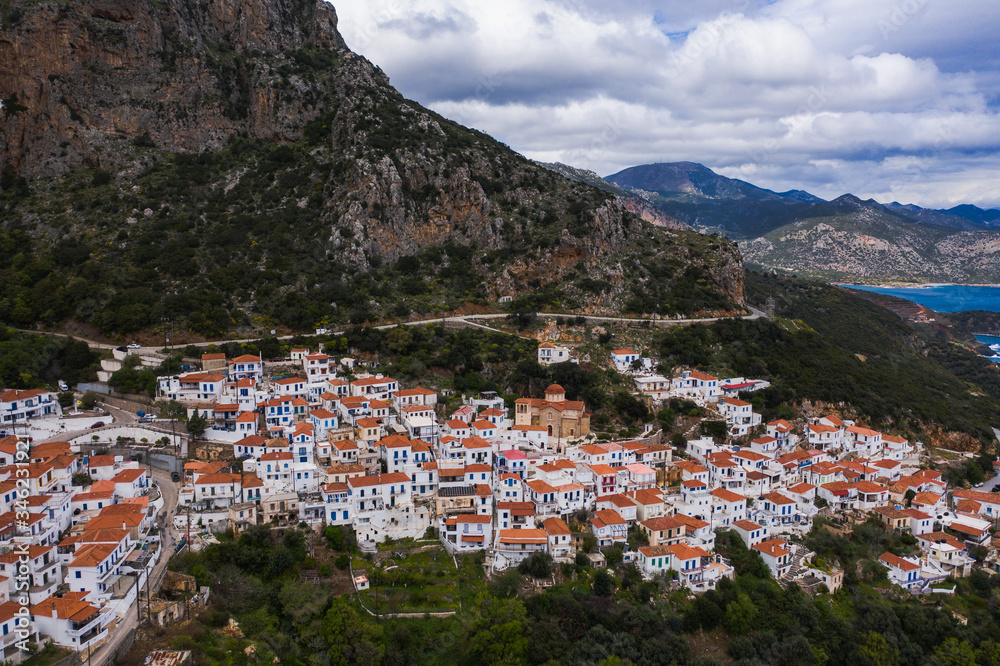 Panoramic view of the Historical Byzantine village Velanidia near cape Malea, Greece. Laconia Peloponnese, Greece
