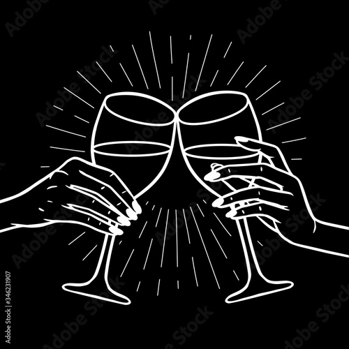 Cheers, girls drinking, hands with wine glasses and space stars potion, vector illustration