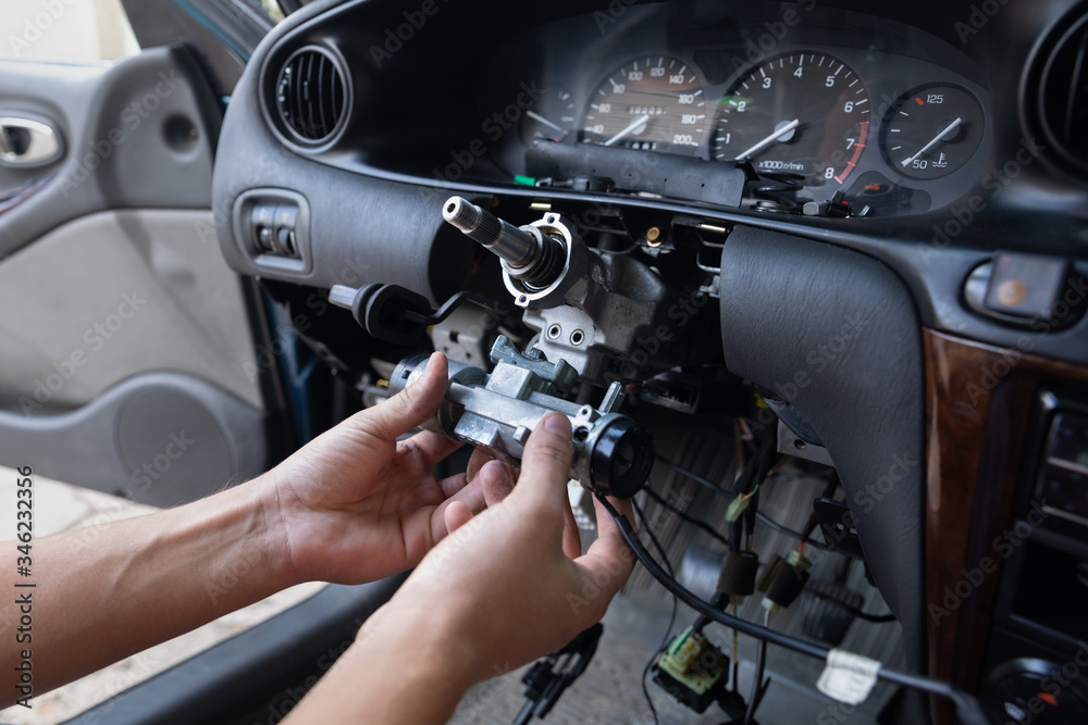 Close Up car steering wheel repair after the accident.