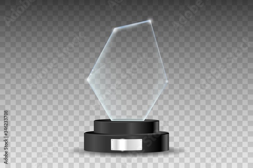 Glass trophy award. Shiny glass form on a black stand with shiny silver plate. Vector illustration of shiny award isolated on transparent background.