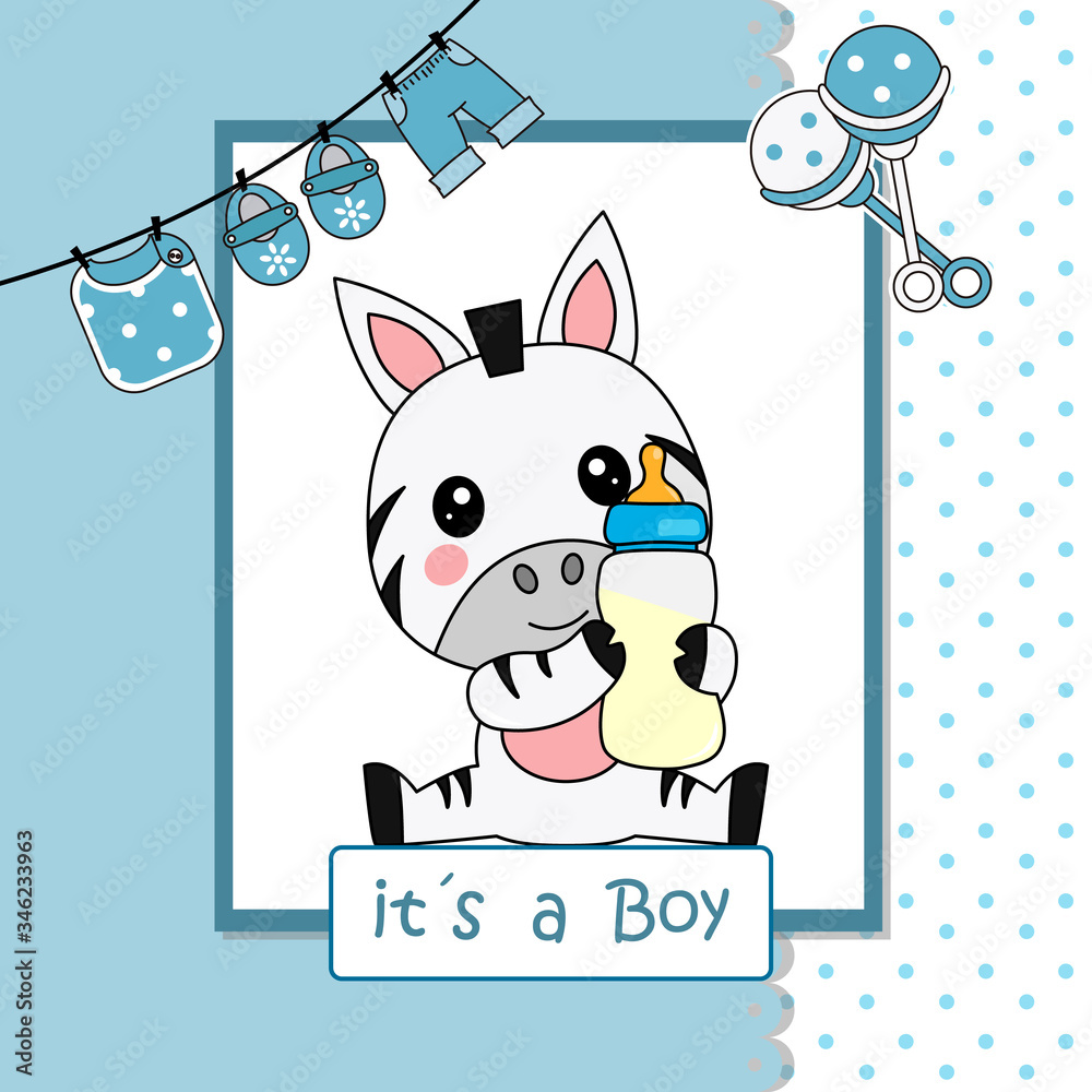 Baby shower card. Cute zebra with baby bottle Stock Vector | Adobe Stock