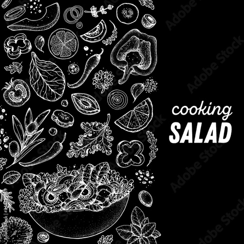 Healthy food illustration. Hand drawn sketch. Cooking salad. Vegan food. Vitamins and minerals for immunity. Engraved style. Black and white.