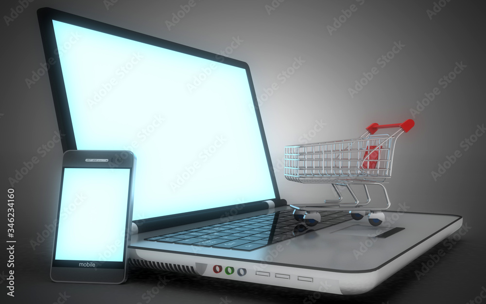 3d online shopping concept . smartphone laptop and cart. 3d illustration 3d online shopping concept . smartphone laptop and cart. 3d illustration