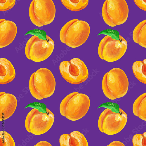 Apricots with half and leaves. Fruit seamless pattern design for wallpaper, paper, textile, fabric.