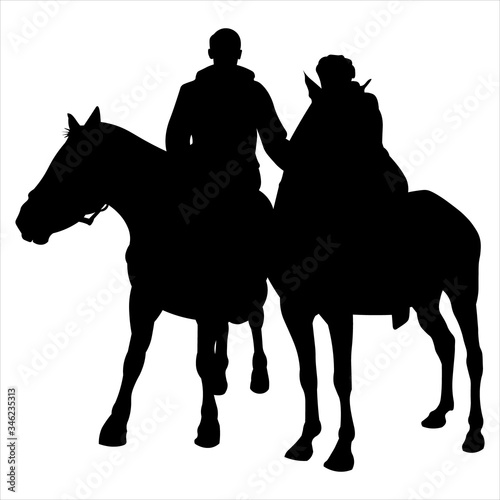 Vector black silhouette riders and horses. Design flat illustration isolated on white background. Two adults, a man and a woman, are sitting on the horses.