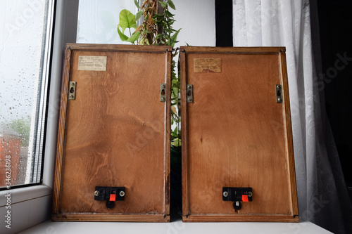 The back of the shelf speaker system is made of plywood. Column speaker 15AS-208. Vintage Soviet bookshelf acoustics. photo