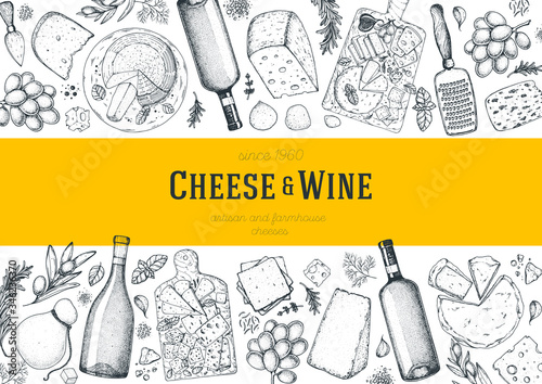 Cheese and wine design template. Hand drawn sketch. Retro food background. Menu restaurant. Gourmet food set. Vintage cheese, spice, wine drawings. Dairy products frame