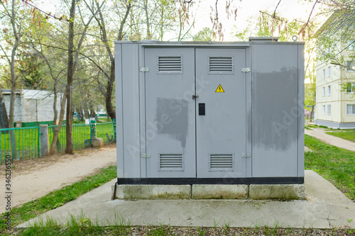 Power utility box on a power transformer in substation switchyard.
