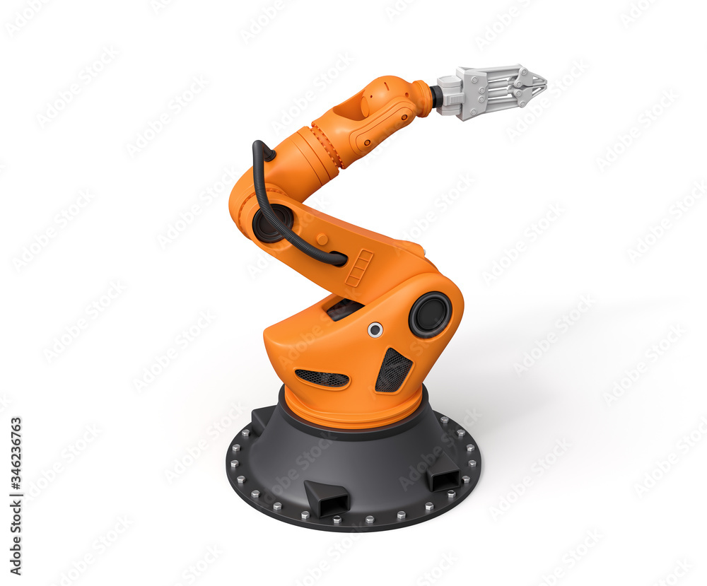 3d rendering of orange robotic arm with grey gripper standing on white background. 3d rendering of orange robotic arm with grey gripper standing on white background.