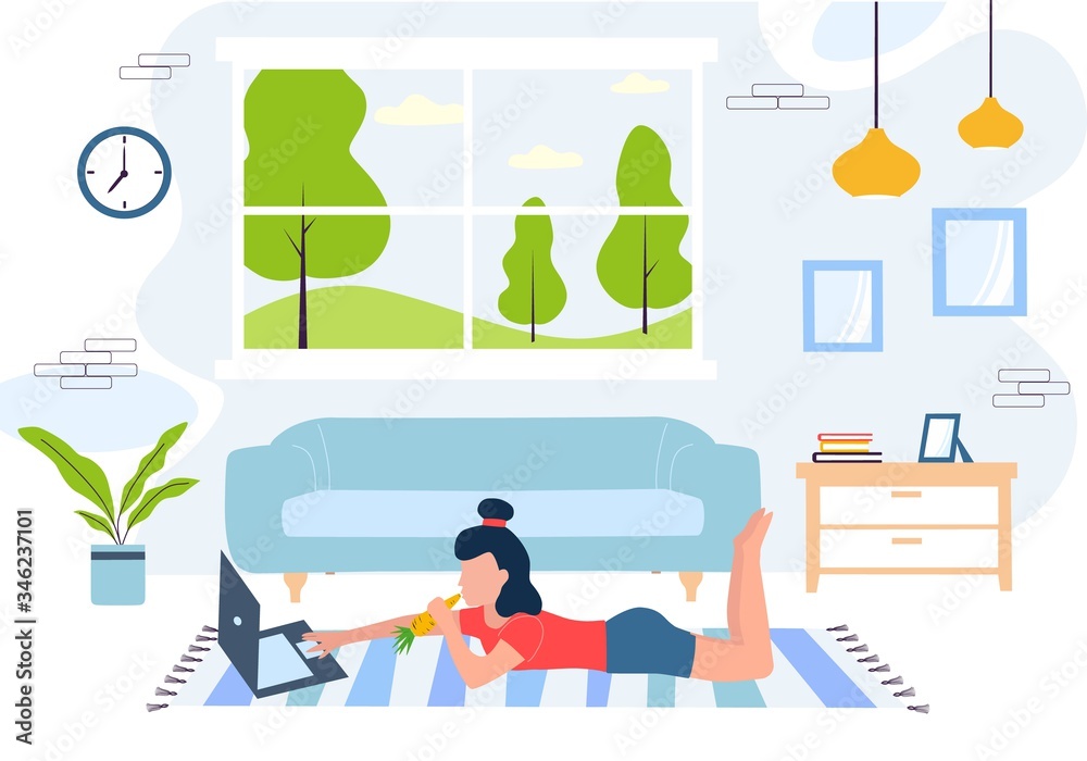Young woman lying on the floor, eating carrot and working on laptop at home. Living room with sofa, carpet, lamps, plant and clock. Flat vector illustration. Young woman lying on the floor, eating carrot and working on laptop at home. Living room with sofa, carpet, lamps, plant and clock. Flat vector illustration.
