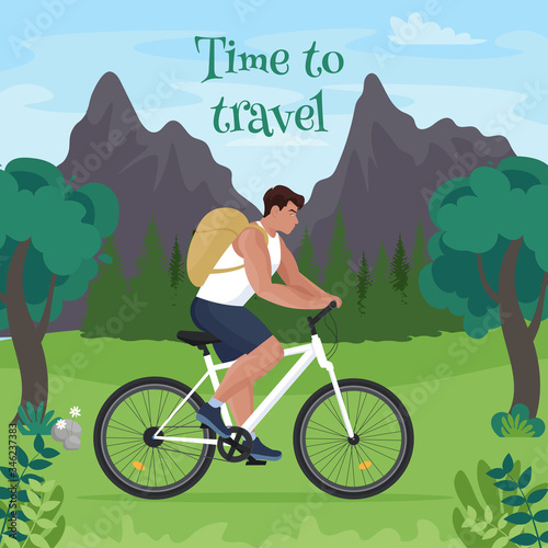 A man travels by bicycle. Time to travel concept. Man riding a bike. Vector illustration in flat style