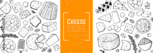Cheese design template. Hand drawn sketch. Retro food background. Different cheese kinds banner. Dairy farm products cheese.